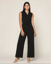 Raven black stretchable jumpsuit with deep y-shape collar, durable, belt & buckle included. Made from premium polyester fabric, full length, comfortable fit, zipper closure. Available in sizes XS to XXXL