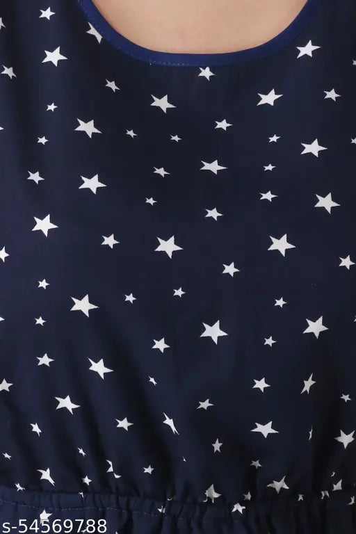 Navy blue star-printed women's playsuit jumpsuit with sleeveless design and tie-up belt, perfect for summer events