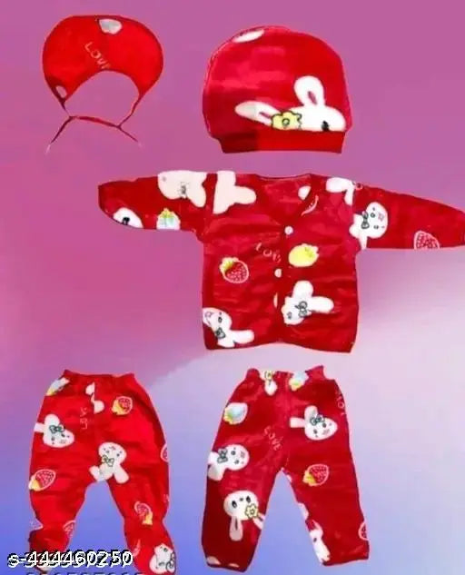 Wool winter dress set for newborn boys and girls in printed net pattern. Includes 5 pieces: sizes 0-3 months, 0-2 months, and 4-6 months originated from India