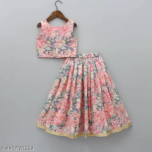 Sleeveless crepe lehenga choli set with dupion silk and net dupatta, featuring floral prints. Stitched for comfort, perfect for festivals or special occasions. Available in various colors." (104 characters)