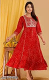 Rayon three-quarter sleeve 5001 rad Amrela print Anarkali dress, intricate embroidery on Indian festive wear