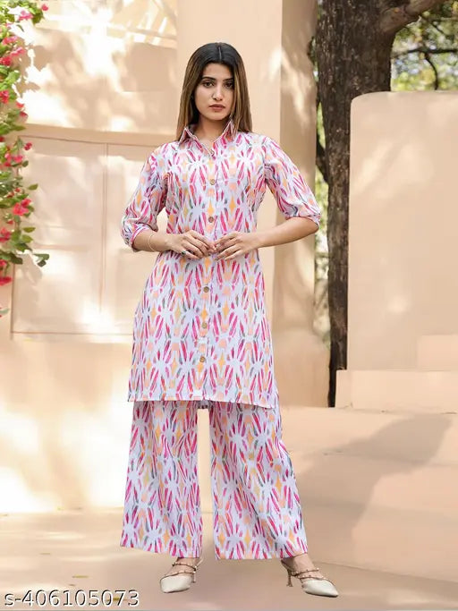 Indian-printed polycotton co-ord set for women, cool western wear with short sleeves, one size N (S: 36/34/40/28/34/38, M: 38/34/42/30/37/38, XXL: 44/34/48/36/42/38)