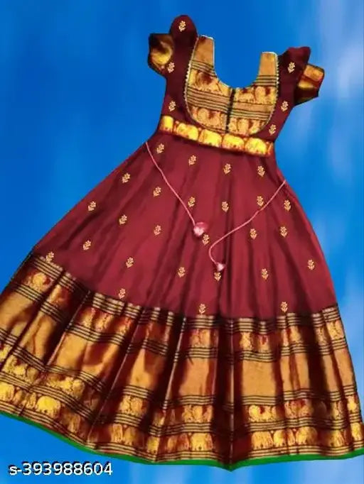 Indian silk girls maxi gown with golden zari brocade, suitable for weddings and parties. Sizes from 0-3 months to 11-12 years