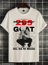 Sidhu Moosewala goat print polyester t-shirt, men's round neck style with slogan and his picture. Comfortable, trendy, and under 209 Lycra