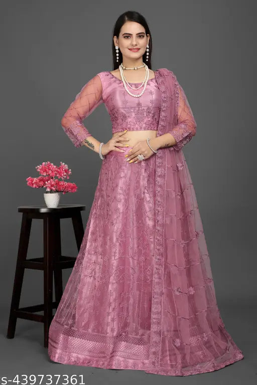 Elegant pink net Lehenga Choli by LIKCEK - Semi-stitched blouse with extra inner and dupatta, ideal for weddings, festivals, and parties. Embroidered Indian bridal wear in new designs. Net Lehenga Choli with matching dupatta, women's latest fashion