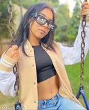 Beige colorblocked cotton blend varsity jacket, lightweight, suitable for girls and women, perfect for casual and sportswear, India-made