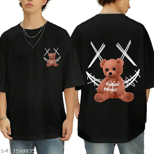 Black cotton graphic printed oversized men's tee, three-quarter sleeves, casual wardrobe essential