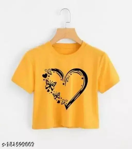 Mustard heart cotton crop t-shirts for women/girls with butterfly round neck - short sleeved printed tops on display