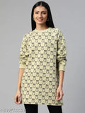 Lime green cotton blend sweatshirt for women, Laabha brand, long sleeves, printed pattern