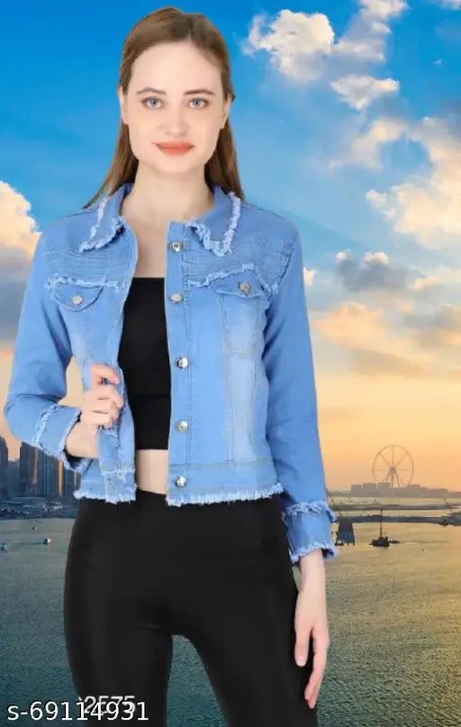 Denim waistcoat for women, trendy solid-colored long sleeve jacket from India