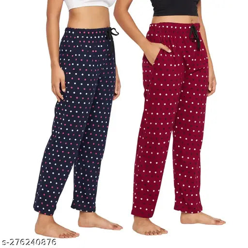 Trendy cotton printed mid-rise lounge pants pack of 2, ideal for everyday wear, premium quality, full length, stylish sleep attire, cozy pajama pants for women, India origin