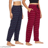 Trendy cotton printed mid-rise lounge pants pack of 2, ideal for everyday wear, premium quality, full length, stylish sleep attire, cozy pajama pants for women, India origin