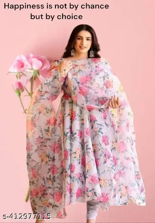 Georgette printed gown set with dupatta, floral digital print with pearl border for women's parties, festivals, and casual events. Hand wash only