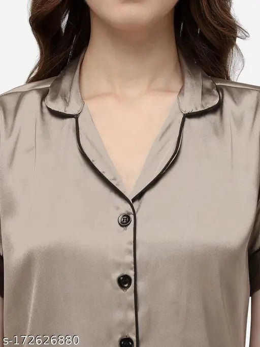 Copper gold satin night suit set dress for women, solid design with half sleeves, made in India