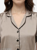 Copper gold satin night suit set dress for women, solid design with half sleeves, made in India