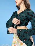 Dark green cheetah print crepe crop top with long sleeves, ideal for teens and parties