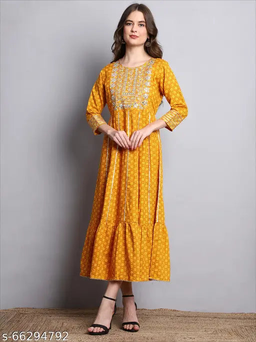Yellow Rayon Embroidered Anarkali Kurta by Bablu Garments, elegant three-quarter sleeve Indian wear on mannequin