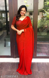 Georgette saree with contrast sequence work blouse for women, heavy fox georgette fabric and zari woven net pattern, available in multiple colors such as black, red, rani, wine, navy blue lavender, firozi, peach and onion, maroon and rama. Free size with saree length of 5.5m and blouse length of 0.8m. Origin: India