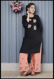 Black rayon kurta with palazzos and three-quarter sleeves, embroidered net design, premium quality for women