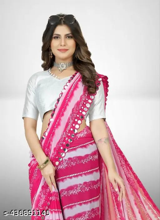 Striped georgette saree with printed net blouse, single free size Indian Rani Ladu traditional wear