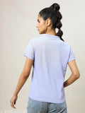Printed blue polyester short sleeve women's TechnoSport t-shirt, UPF50+ sun protection, anti-microbial technology, 2-way stretch for natural feel and movement