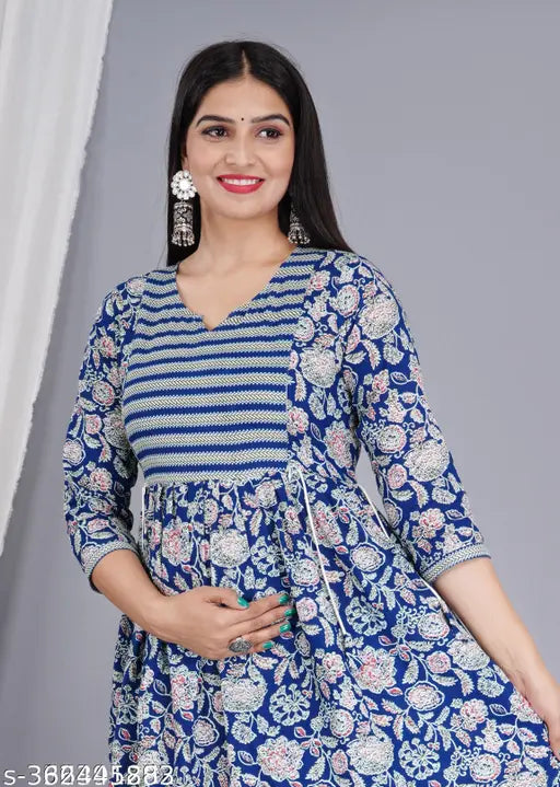 Cotton three-quarter sleeve Alisha refined kurtis in applique combo, Indian traditional wear