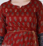 Rayon Marron Anrkali Kurta with Umbrella Cut, Gold Print & Blue Border, perfect for parties or office wear