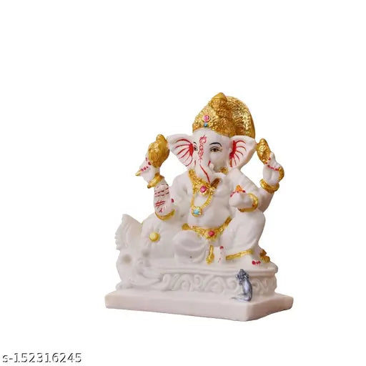 Marble Ganesha idol, white decorative statue, Indian-made, 5.5 inch tall, 7.5cm x 7cm x 14cm