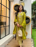 Green Chinon Silk Kurta Set with Embroidery & Sequins - Indian handcrafted silk bottomwear, dupatta, and three-quarter sleeve kurta featuring heavy embroidery and fancy latkan. High quality standard product available in sizes M, L, XL