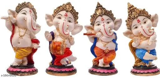 Handcrafted polyresin Little Ganesh sculptures, Laxmi marble & granite, for home and office decor (Flute Ganesh), pack of 4 (6cm x 15cm x 6cm)