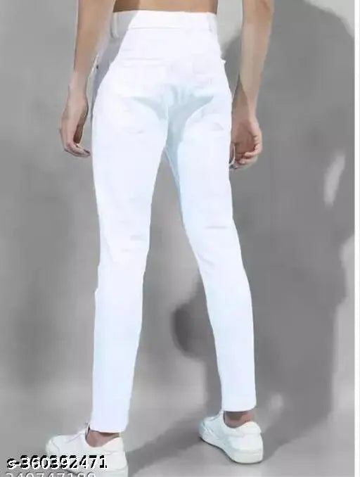 Men's white denim jeans, solid pattern, perfectly fitting monk jeans from Shriradhe Enterprises