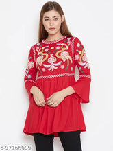 Red embroidered rayon tunic, trendy women's style, S-XXXL sizes