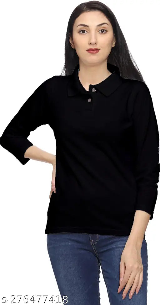 Black cotton polo t-shirt, three-quarter sleeves, solid design for women's western wear on hanger