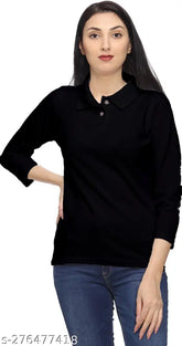 Black cotton polo t-shirt, three-quarter sleeves, solid design for women's western wear on hanger