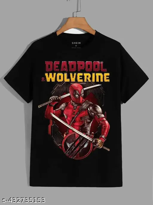 Black 100% cotton Deadpool t-shirt, short sleeves, printed design, perfect wardrobe addition, India origin