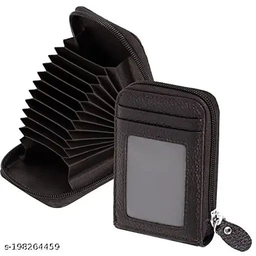 RFID-blocking black leather card organizer with five compartments for modern storage, perfect for shopping or sports. Leatherite material and compact size fit easily in pockets
