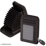 RFID-blocking black leather card organizer with five compartments for modern storage, perfect for shopping or sports. Leatherite material and compact size fit easily in pockets
