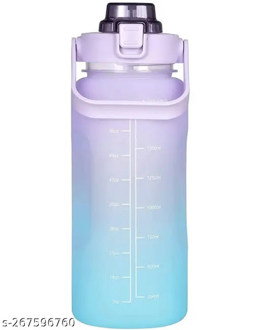 Blue plastic motivational water bottle, 2-liter capacity with time markers and non-toxic silicone straw, perfect for office or gym use