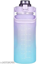 Blue plastic motivational water bottle, 2-liter capacity with time markers and non-toxic silicone straw, perfect for office or gym use