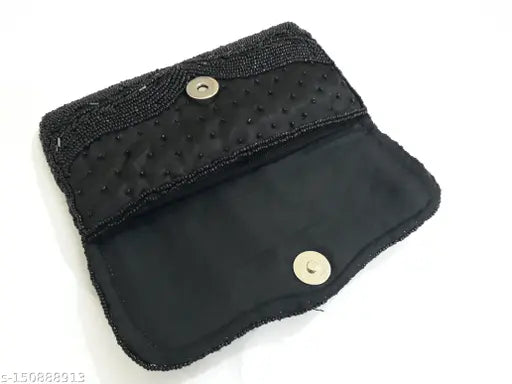 Black designer fabric embellished net party clutch, free size (L:7in, W:4in), Indian artisan crafted