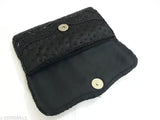 Black designer fabric embellished net party clutch, free size (L:7in, W:4in), Indian artisan crafted