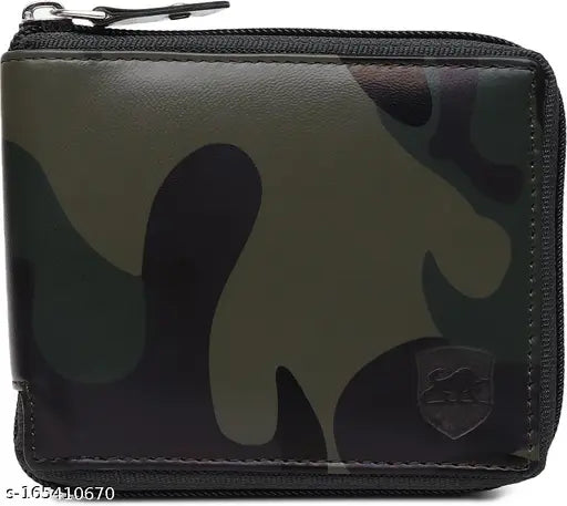 Green PU leather men's wallet (4 card slots), round chain accent, modern accessory for casual occasions