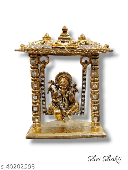 Fine grade brass, 24k gold-plated Car Dash Board Jhula Ganesh GA - Vastu-compliant car showpiece symbolizing wisdom and wealth