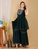 Green rayon Rashi women's kurta set with sharara and dupatta: Rayon kurti, sharara, and dupatta for various occasions. Lightweight, elegant, and perfect for festive or daily wear