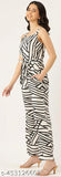 White and black printed basic jumpsuit with waist tie-ups, sleeveless, 2 pockets. Size XS to 4XL. Polyester fabric
