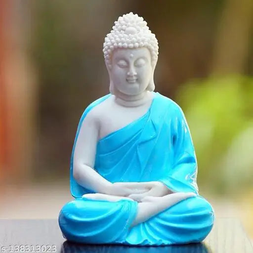 Sky Blue & Orange marble meditating Buddha statue set, exquisitely handcrafted. Grace your home or office with a charming spiritual touch. (9cm x 14cm x 7.5cm) Indian artisan crafted