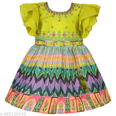 Parrot green embroidered silk-blend knee length dress, featuring round neck, double umbrella sleeves, vibrant multicolor print, pleated fabric, back zip opening, and attached tassels. Frocks for girls, party wear for kids. Indian origin