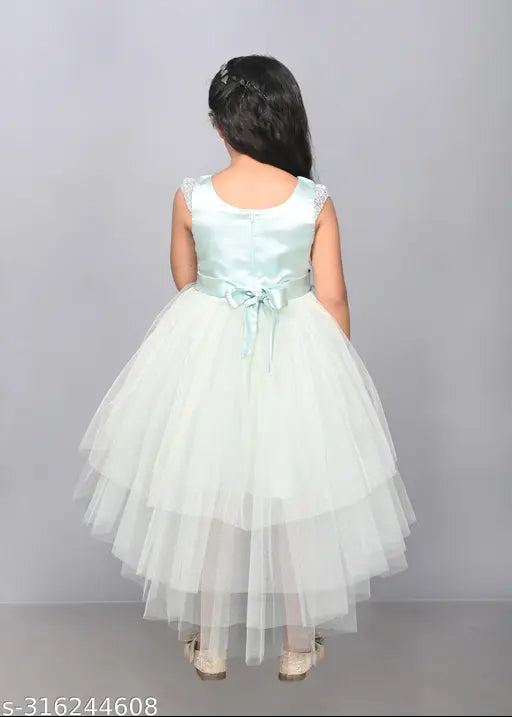 Sea green layered hi low party dress for girls (1-2yrs), embellished net, India origin