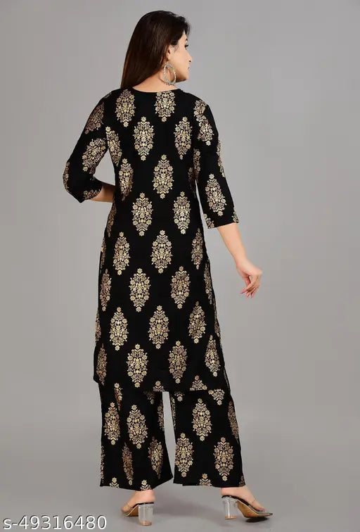 Rayon gold print stitched kurti set with palazzos - Indian festive wear, rayon fabric, three-quarter sleeves