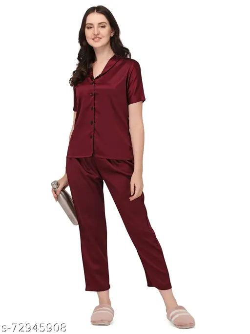 Pink silk & satin pyjama set, women's solid shirt nightsuit with panda print, lapel collar & elastic waist
